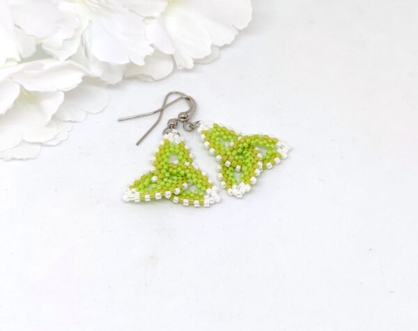 Celtic knot, beaded earrings in green-white colors