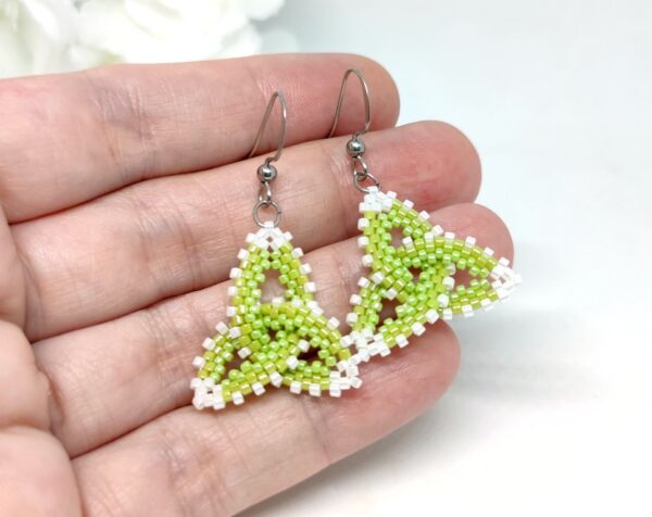 Celtic knot, beaded earrings in green-white colors