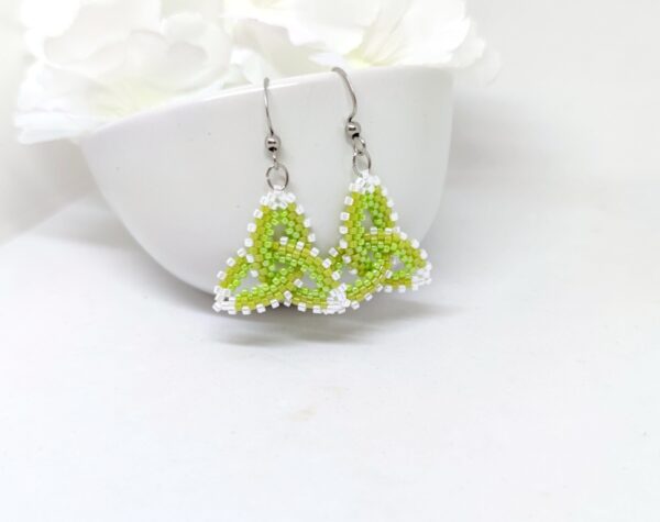 Celtic knot, beaded earrings in green-white colors