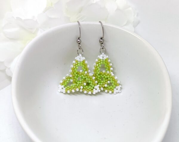 Celtic knot, beaded earrings in green-white colors