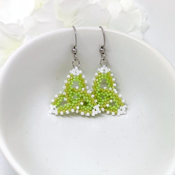 Celtic knot, beaded earrings in green-white colors