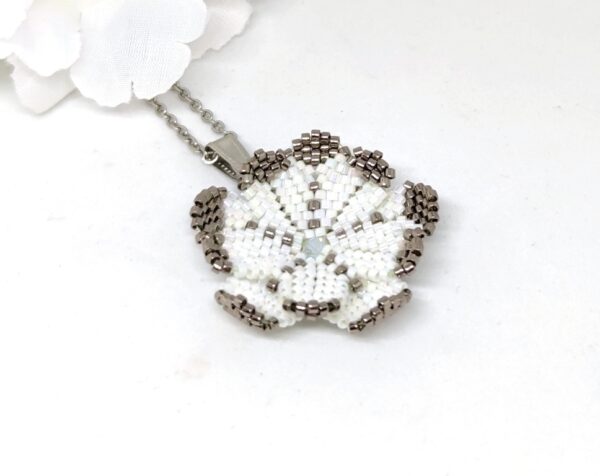 Marigold flower, beaded pendant in white color