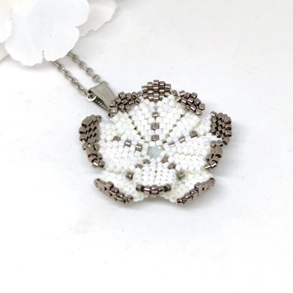 Marigold flower, beaded pendant in white color