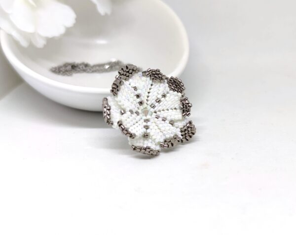 Marigold flower, beaded pendant in white color