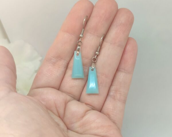 Trapezoid shape resin earrings in opal aquablue color