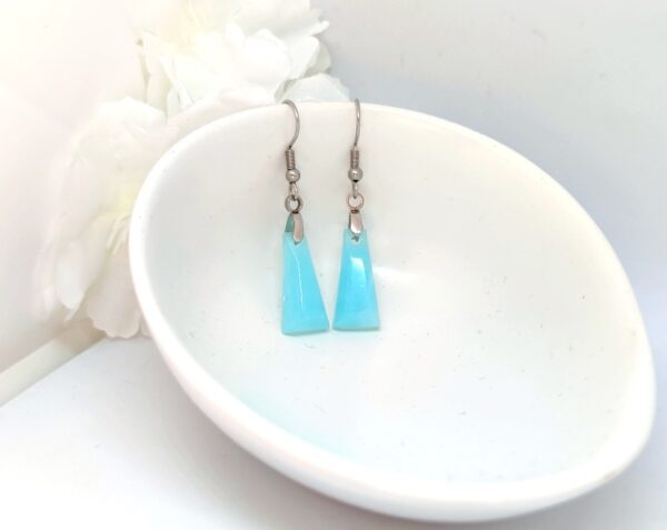 Trapezoid shape resin earrings in opal aquablue color