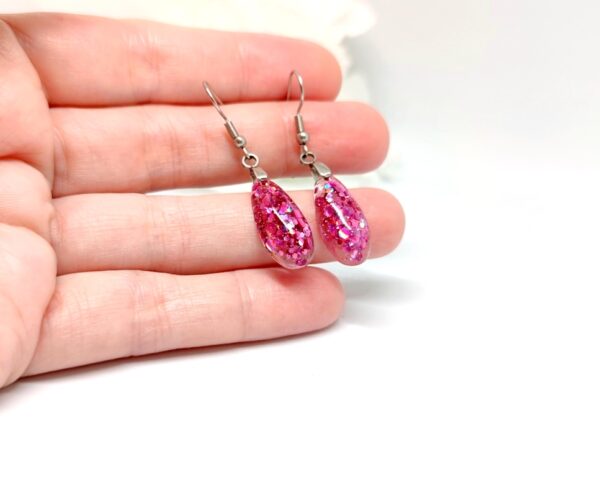 Resin drop earrings, with pink holographic chunky glitter