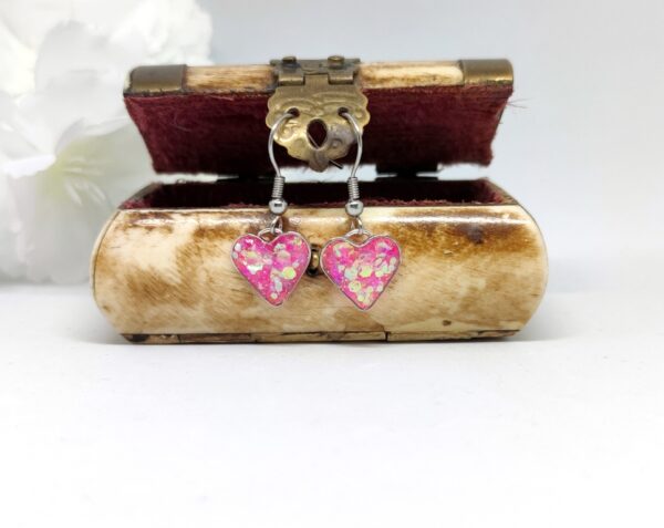 Heart earrings with pink, chunky glitter