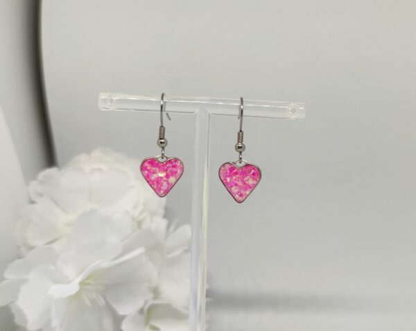 Heart earrings with pink, chunky glitter