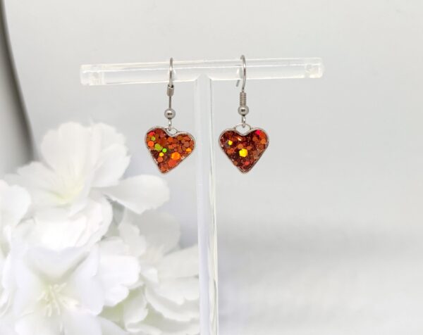 Heart earrings with brown, chunky glitter