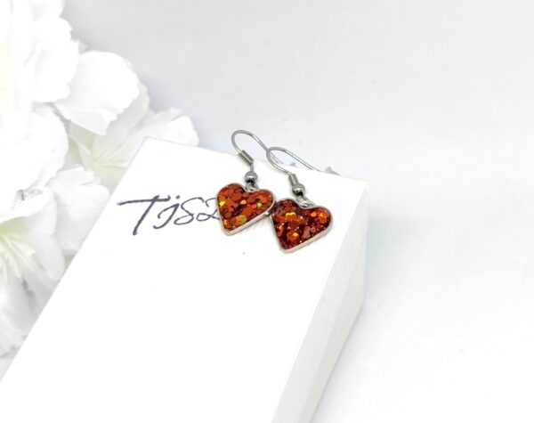 Heart earrings with brown, chunky glitter