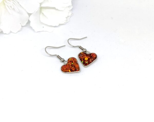 Heart earrings with brown, chunky glitter