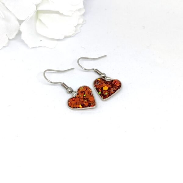 Heart earrings with brown, chunky glitter