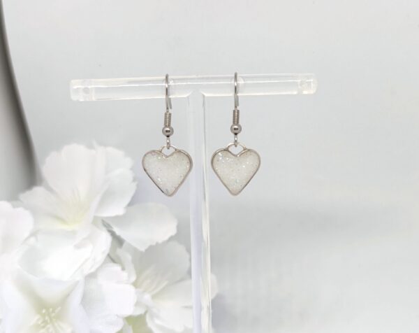 Heart earrings with white glitter