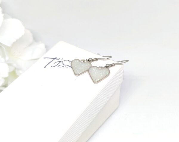 Heart earrings with white glitter